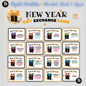 May include: A set of 32 printable New Year's Eve gift exchange game cards. Each card features a festive red, green, and gold gift box with a white background and black text. The cards include instructions for different gift exchange scenarios, such as exchanging gifts with someone who has a pet or someone who loves to talk.