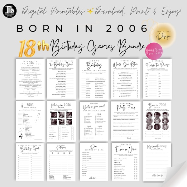 18th Birthday Party Games Bundle | Born in 2006 | Printable Birthday Games | 2006 Trivias & Games | 18th Birthday Bash Pack Instant Download