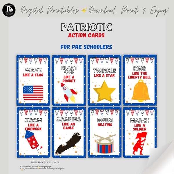 Patriotic Action Cards for Pre-Schoolers / Kids Class Activity / School Dice Cards Game / Printable Memorial and 4th of July Activity Cards