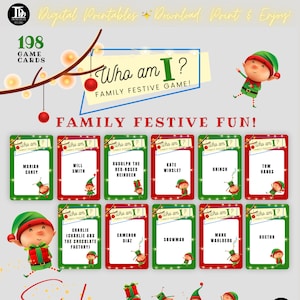 Wie ben ik Kerstfeestspel | Familiespellen met een feestelijk thema | Afdrukbare 198 kerstdinertafelspelkaarten | Geheime kerstvakantiespellen!