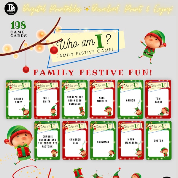 Qui suis-je Jeu de fête de Noël | Jeux familiaux à thème festif | Imprimable 198 cartes de jeu de table de dîner de Noël | Jeux secrets du Père Noël !