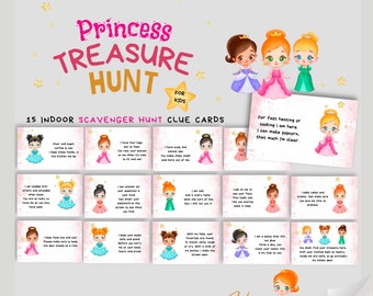 May include: A printable scavenger hunt game for kids with a princess theme. The game includes 15 clue cards featuring illustrations of princesses and the text "Princess Treasure Hunt" and "Happy Hunting!"