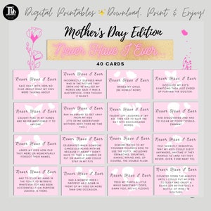Tarjetas de juego del Día de la Madre / Yo nunca he / Juego de cartas del Día de la Madre / Regalo del Día de la Madre / Juego de la abuela / Actividad divertida del Día de la Madre imprimible.