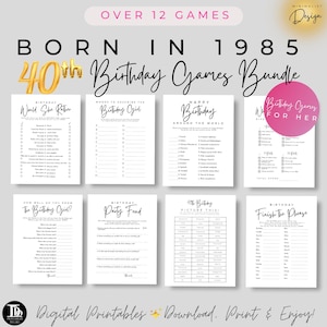 Paquete de juegos para la fiesta del 40.° cumpleaños para ella / Nacida en 1985 / Juegos de cumpleaños imprimibles / Trivia y juegos de 1985 / Descarga instantánea del 40.° cumpleaños