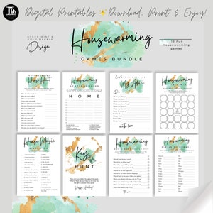 Mint Gold Design Housewarming Party Games | Stylish New House Party Games | New Apartment Games | 10 Printable Games Pack | House Hunt Fun!