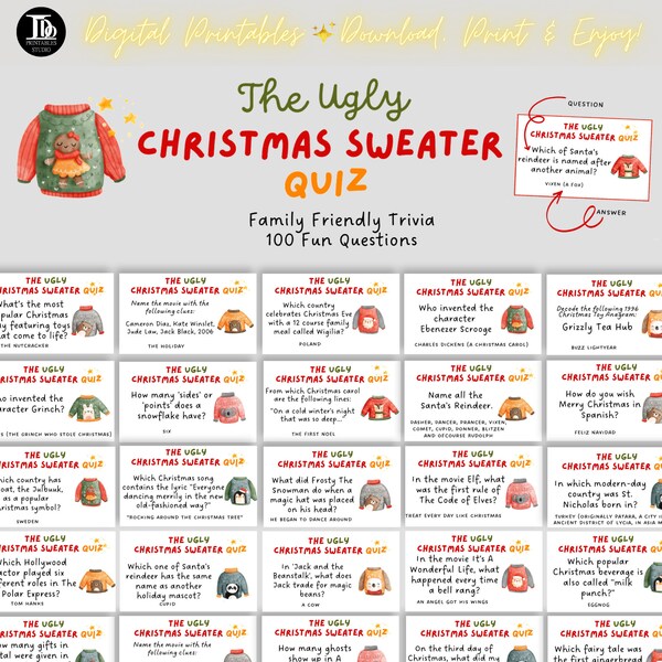 100 Ugly Christmas Sweater Quiz Cards | Christmas Party Games | Family and Friends Christmas Sweater Trivia | Fun Office Holiday Party Game