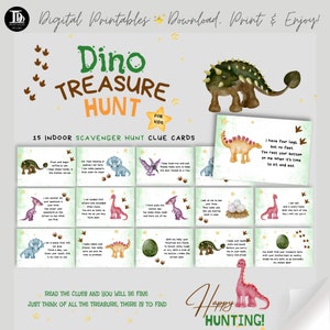 Dino Treasure Hunt para niños / Actividad de fiesta de dinosaurios en interiores Búsqueda del tesoro / Juego de fiesta de cumpleaños para niños / Tarjetas de pistas de búsqueda del tesoro imprimibles