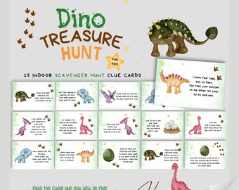 Dino Treasure Hunt for Kids | Indoor Dinosaur Party Activity Scavenger Hunt | Kid's Birthday Party Game | Printable Treasure Hunt Clue Cards