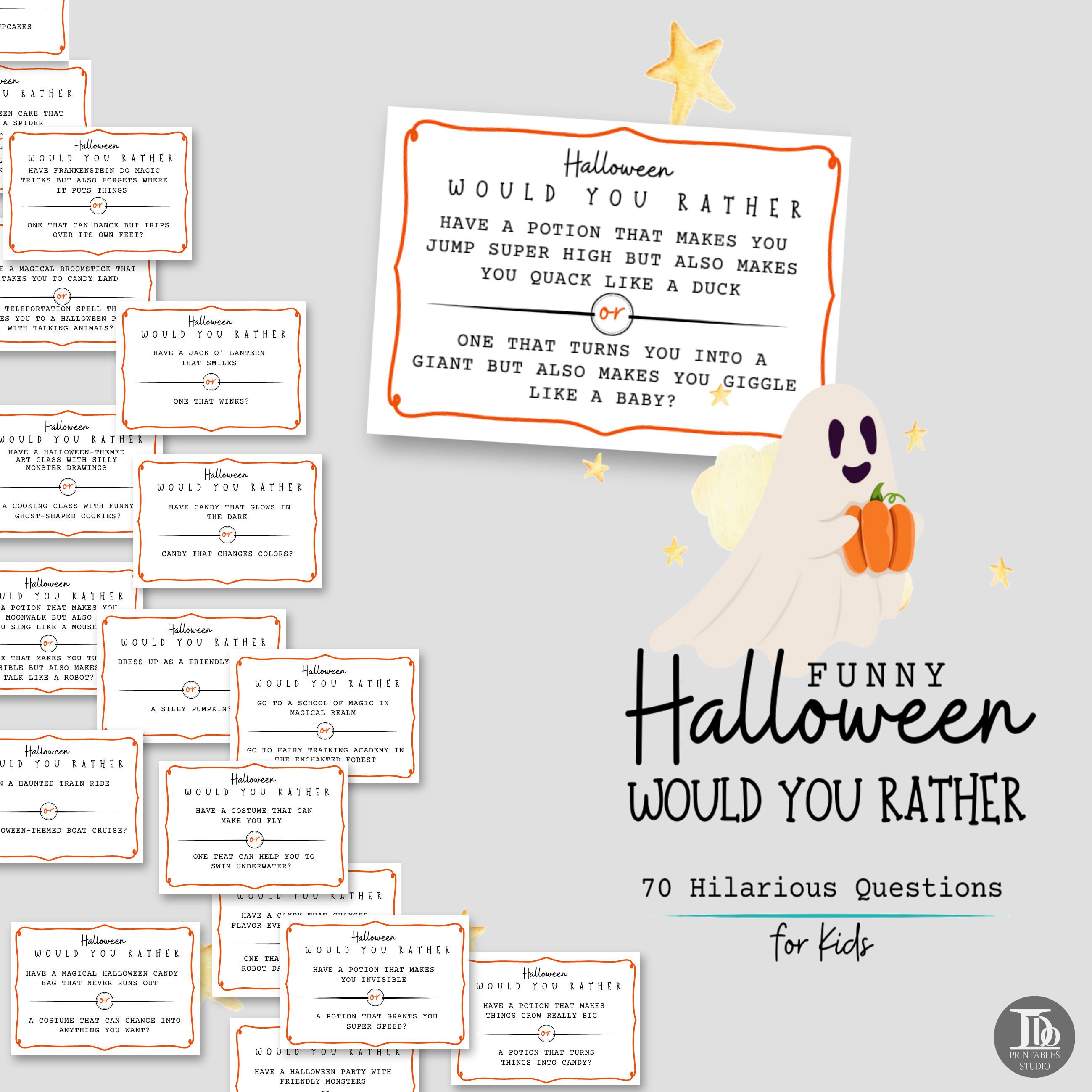 Halloween ¿Prefieres tarjetas de fiesta para niños? / Divertidas tarjetas de preguntas sobre la mesa de la cena de Halloween / Actividad de Halloween para niños imprimible
