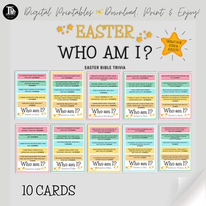 Tarjetas de juego de Pascua imprimibles / Actividad de Pascua ¿Quién soy yo? / Actividad de Pascua para niños / Juego familiar de Pascua / Trivia bíblica / Historia de Pascua / Diversión de Pascua.