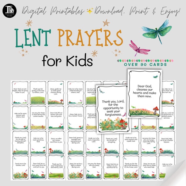 Lent prayer cards for kids | Season of Lent Learning and Thankful Prayers | Children's Lent Prayers Countdown to Easter | Over 90 cards