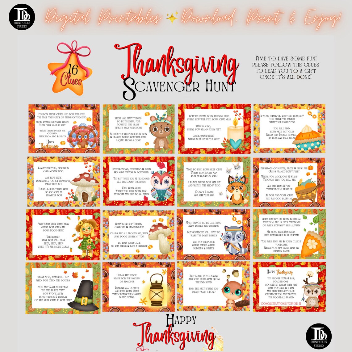 Thanksgiving Scavenger Hunt Clue Cards for Kids | Printable ...