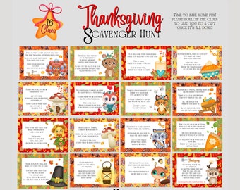 May include: A Thanksgiving scavenger hunt printable with 16 clues. Each clue features a different Thanksgiving-themed illustration, such as a turkey, a pilgrim, and a cornucopia. The clues are written in a fun and festive font. The printable is perfect for a Thanksgiving party or family gathering.