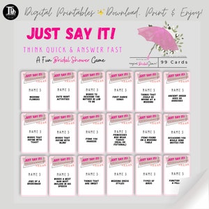 Cartes de jeu de fête de douche nuptiale | Jeu de groupe imprimable | Activité amusante de fête de douche nuptiale rose à réflexion rapide | Jeu de fête amusant pour la future mariée