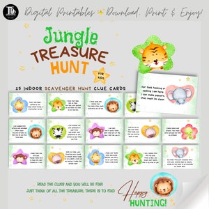 Caccia al tesoro nella giungla per bambini / Caccia al regalo di compleanno a tema giungla / Carte indizi stampabili per feste di compleanno / Attività regalo a sorpresa per bambini