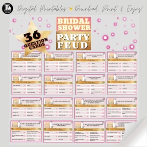 Bridal Shower Friendly Feud Game / Group Game Cards / Pink and Gold colour theme Bridal Shower/ Quiz Night/ Family Fun Printable Game!