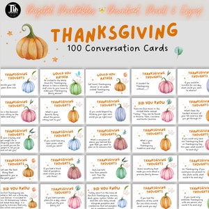 100 Thanksgiving-gesprekskaarten | Gezinsvriendelijke Thanksgiving-dinertafel ijsbrekers | Zou je liever en Thanksgiving Trivia