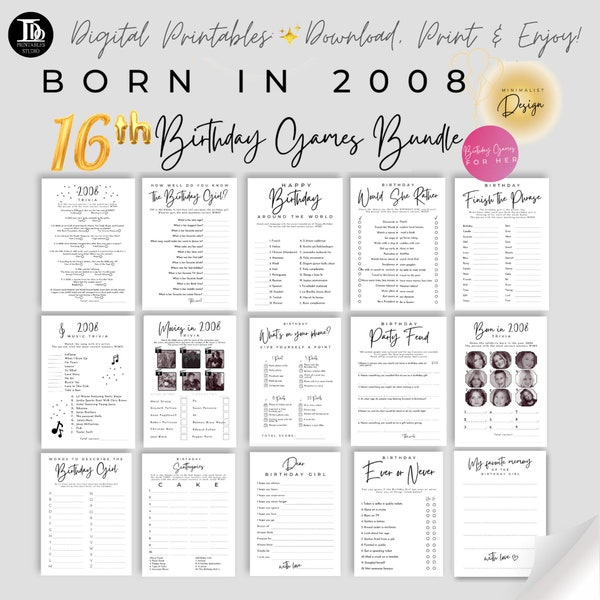 16th Birthday Party Games Bundle | Born in 2008 | Sweet 16 Birthday Bash | Birthday Girl Games for Daughter, Sister and Friend Party