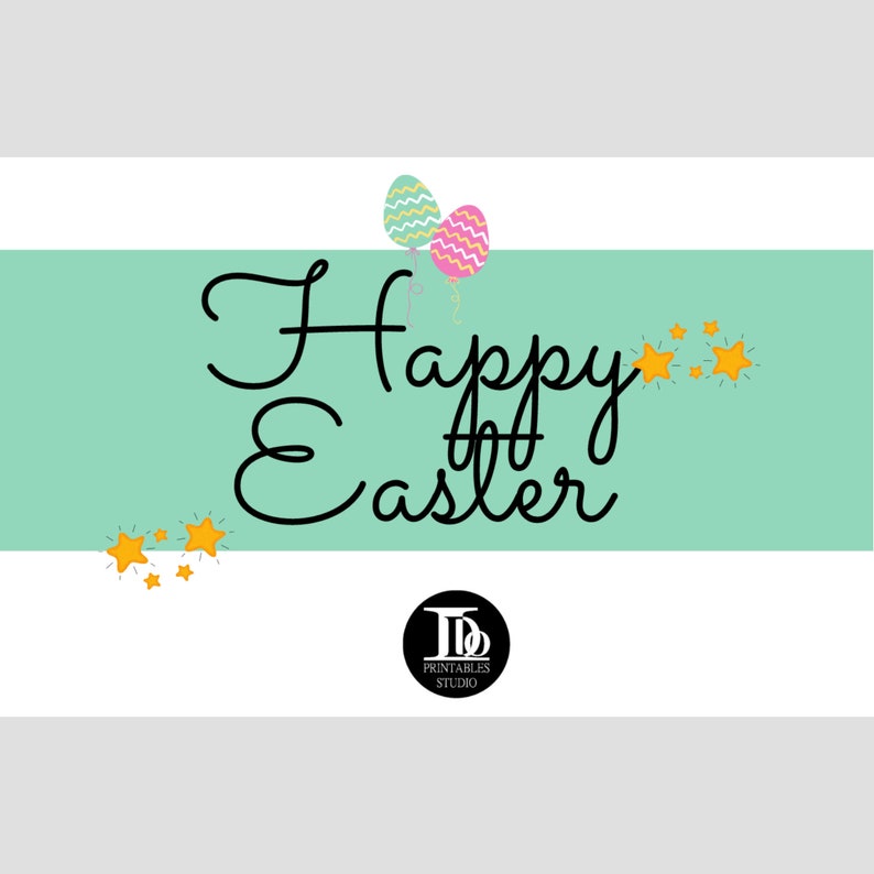 May include: Happy Easter greeting card with a green background, white text, and yellow stars. The card features two pastel Easter eggs with a pink and blue design.
