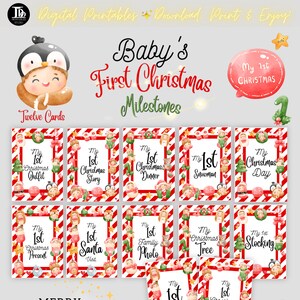 12 cartes imprimables du premier jalon de Noël de bébé | Accessoires photo | Accessoires pour selfies | Jalons de bébé | Cadeau de Noël | Cartes de vœux pour bébé