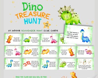 Dino Treasure Hunt Clues | Scavenger Hunt for Kids | Dinosaur Themed Birthday | Dinosaur Hunter Pack | Indoor Fun for Kids | Cute Dino Fun!