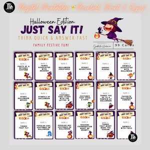 May include: A set of 99 Halloween-themed game cards with a purple background and orange pumpkins. The cards feature the text "Just Say It!" and "Think Quick & Answer Fast!" with a witch illustration. The cards are designed for a family festive game.