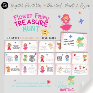 Tarjetas de pistas de búsqueda del tesoro de cumpleaños con temática de hadas / Búsqueda de regalos para niñas / Actividad de cumpleaños para niños / Búsqueda del tesoro en interiores de hadas de las flores