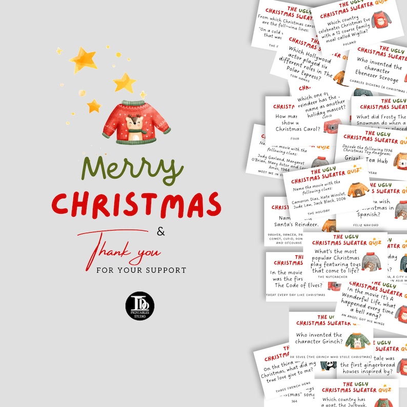 100 Ugly Christmas Sweater Quiz Cards Christmas Party Games Family and