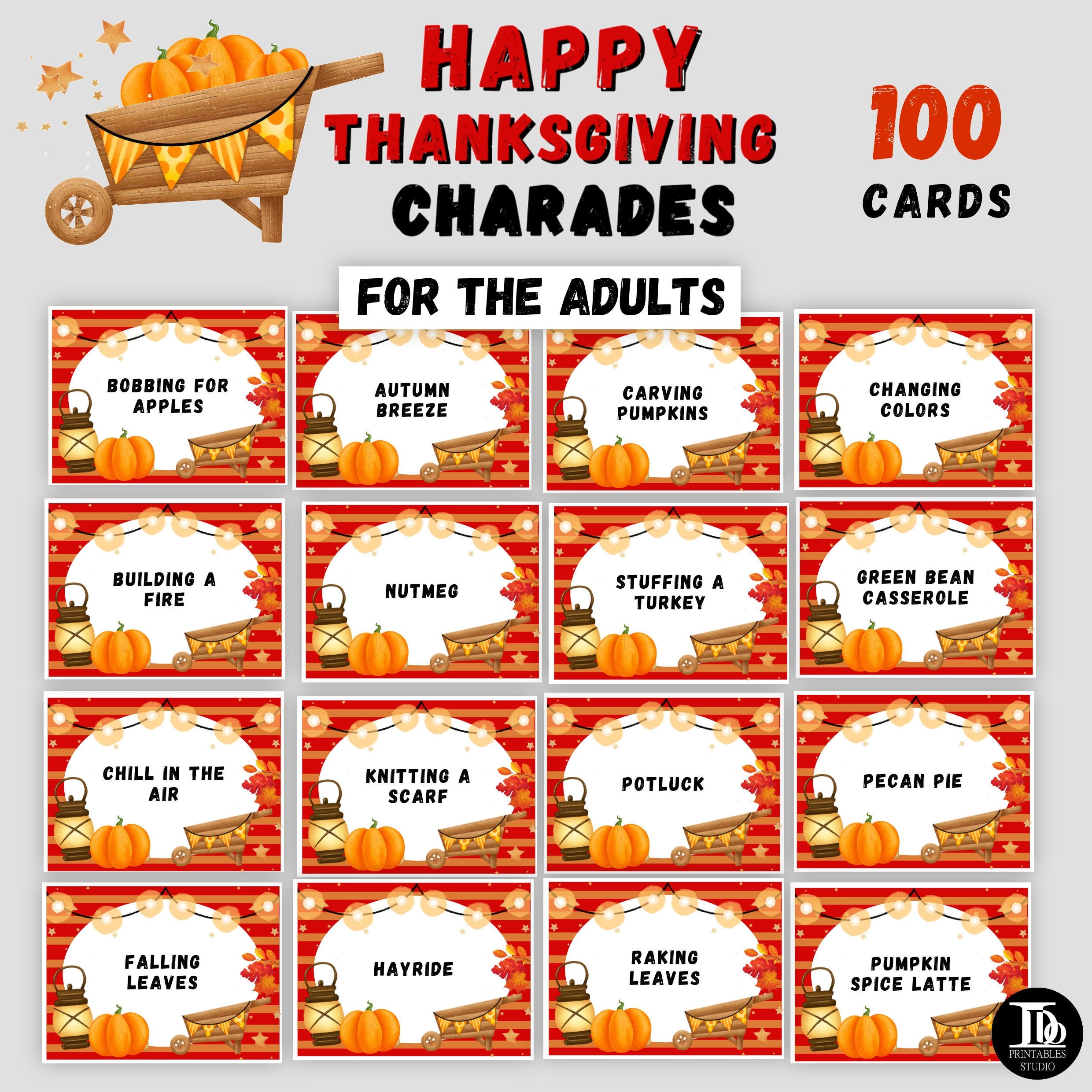 100 Thanksgiving Charades Cards for the Adults Thanksgiving Etsy UK