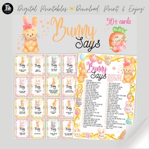 May include: A set of 20 printable bunny-themed game cards for kids. The cards feature a bunny illustration and instructions for a game of "Bunny Says". The instructions include actions like "wiggle your fingers", "touch your knees", and "clap your hands".