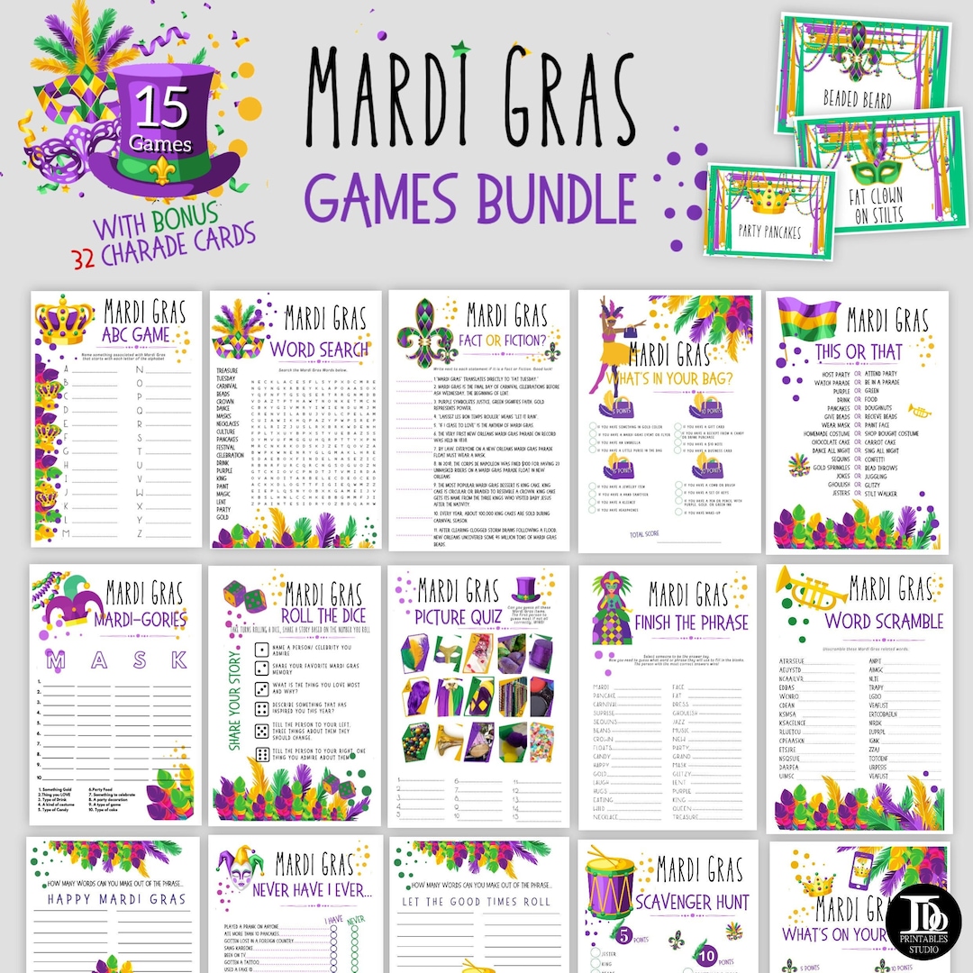 Mardi Gras Games Bundle  Fat Tuesday Party  Printable Mardi