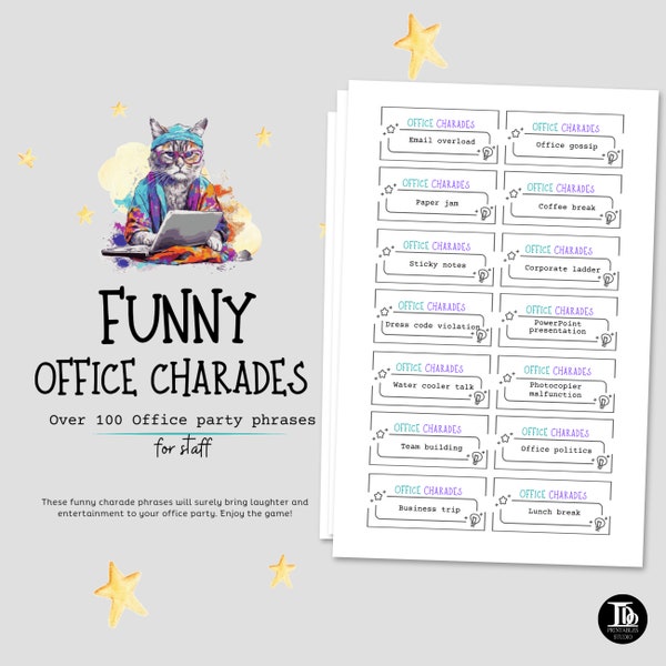 Office Teambuilding Charades Game | Office Party Charade Phrases | Office Icebreakers | Games for Staff Adults | Fun Printable Charade Cards