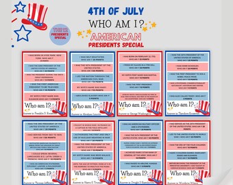Printable 4th of July Who Am I Game Cards / Family Party Game / President Trivia / Fun Class Activity  Quiz Cards/ Happy Independence Day