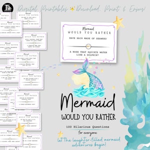 Mermaid Would You Rather Question Cards | Mermaid Birthday Party For Girls Party Icebreakers | Fun Conversation starters Printable Prompts