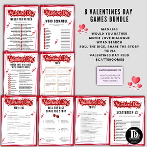 8 Valentines Day Games Bundle / Scattergories / word scramble / mad libs / Valentine Trivia / Valentine Feud / Roll the dice and much more image 2