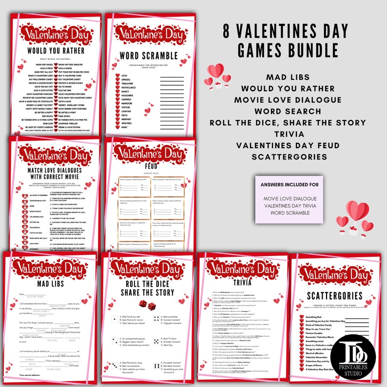 8 Valentines Day Games Bundle / Scattergories / word scramble / mad libs / Valentine Trivia / Valentine Feud / Roll the dice and much more image 2