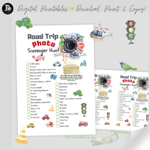 Op de afbeelding: Een printbaar roadtrip foto-speurtocht spel met een aquarel illustratie van een auto, camera en verkeerslichten. Het spel bevat een lijst met items om te vinden tijdens een roadtrip, zoals een vrachtwagen, een tankstation en een vogel op een draad.