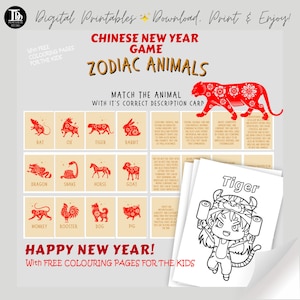 Jogo de festa do Ano Novo Chinês | Ano do Tigre | Desenhos para colorir de animais do Zodíaco | Atividade familiar para impressão | Divertido quebra-gelo da festa de ano novo!