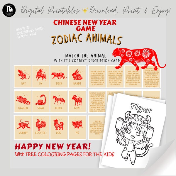 Chinese New Year Party Game | Year of the Tiger | Zodiac Animal Colouring Pages| Printable Family Activity | Fun New Year Party Icebreaker!
