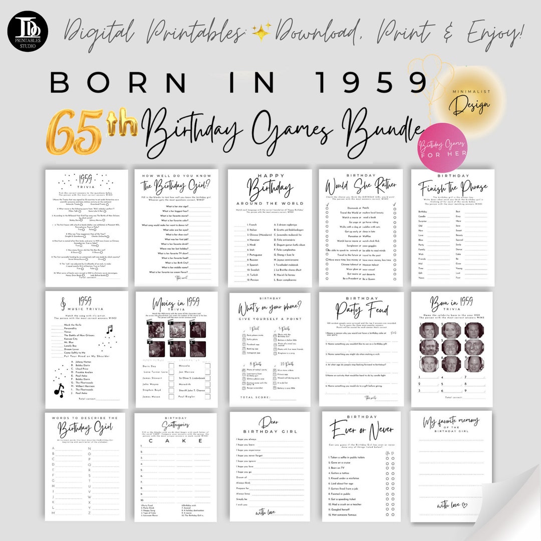 Born in 1959 65th Birthday Party Games Bundle for Her Printables ...