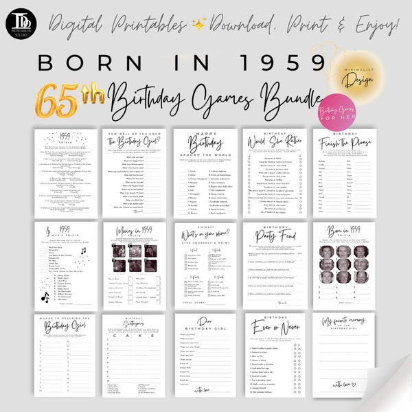 Born in 1959 65th Birthday Party Games Bundle for Her Printables | Minimalist Design | Birthday Party Trivia | Fun Instant Download!