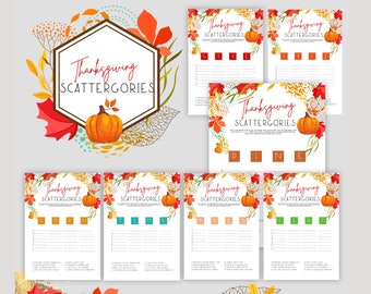 May include: Printable Thanksgiving Scattergories game cards with a fall theme. The cards feature a pumpkin, fall leaves, and the words "Thanksgiving Scattergories".