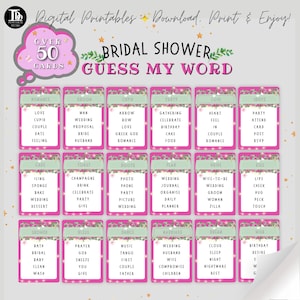 May include: Pink and green bridal shower game cards with the title "Bridal Shower Guess My Word" and over 50 cards. The cards have words related to weddings, love, and romance.