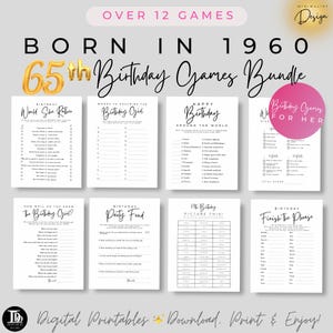 Paquete de juegos para la fiesta del 65.° cumpleaños para ella / Nacida en 1960 / Juegos de cumpleaños imprimibles / Trivia y juegos de 1960 / Descarga instantánea del 65.° cumpleaños