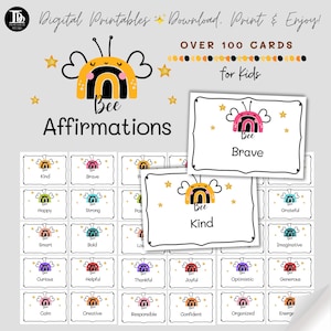 Tarjetas imprimibles diarias de afirmaciones positivas de abejas para niños / 100 tarjetas de abejas imprimibles / Diario para niños / Tarjetas de buenos hábitos de comportamiento positivo