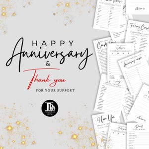May include: A set of printable anniversary games with a black and white design. The games include "Who Knows the Couple", "Word Scramble", "I Love You Around the World", "Anniversary Cake", "Famous Couples Trivia", and "Words to Describe the Anniversary Couple".