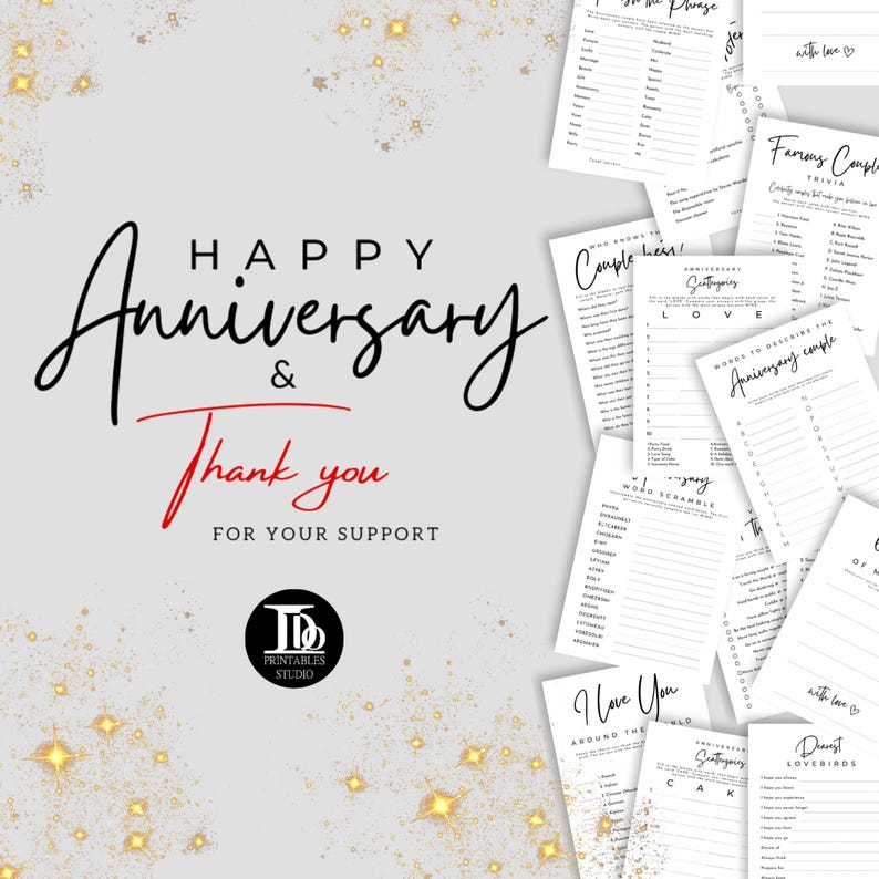 May include: A set of printable anniversary games with a black and white design. The games include "Who Knows the Couple", "Word Scramble", "I Love You Around the World", "Anniversary Cake", "Famous Couples Trivia", and "Words to Describe the Anniversary Couple".