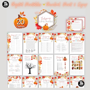 May include: A printable Thanksgiving games bundle with 20 different games. The games include a word search, finish the phrase, would you rather, trivia, picture quiz, riddle me this, and more. The games are decorated with fall leaves and pumpkins.