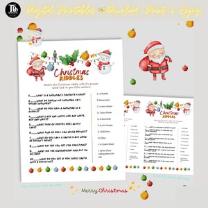 Könnte beinhalten: Zwei druckbare Weihnachtsrätsel-Aktivitätsblätter mit einer Aquarell-Illustration von Weihnachtsmann und Schneemann. Die Rätsel sind thematisch auf Weihnachten und Winter ausgerichtet. Der Text auf dem Blatt lautet "Weihnachtsrätsel".