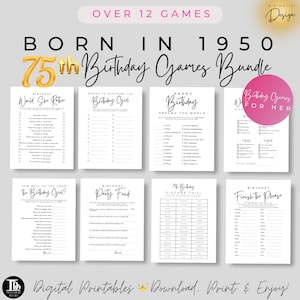 Paquete de juegos para la fiesta del 75.° cumpleaños para ella / Nacida en 1950 / Juegos de cumpleaños imprimibles / Trivia y juegos de 1950 / Descarga instantánea del 75.° cumpleaños